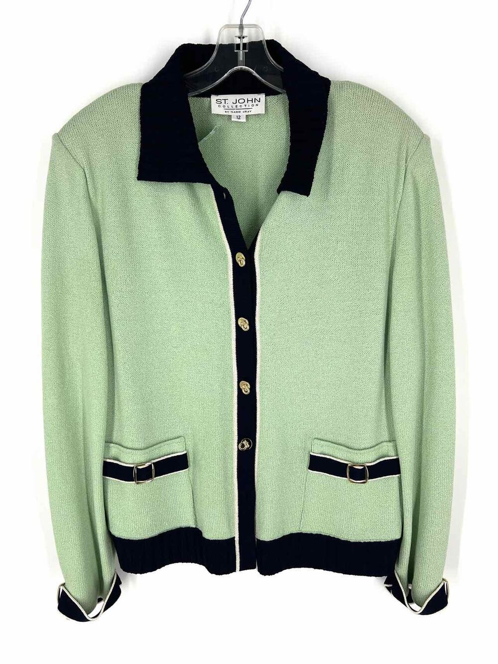 St. John Collection Size 12 Mint/Navy Trim Knit Vintage Designer Cardigan